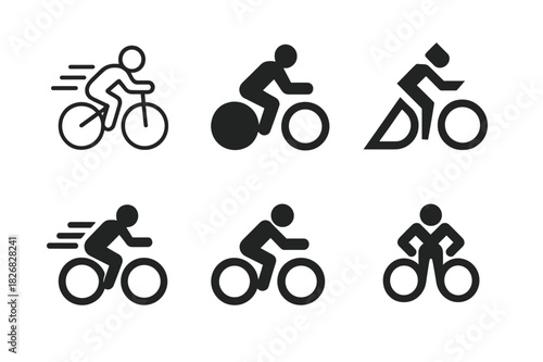 Cyclist Logo Variations. Person on bicycle. Icon set. Set Logo of person on bicycle: cyclist pedaling forward with dynamic motion lines. harmonious logo