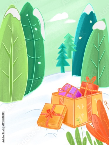Cartoon Winter Festival Gift Flat Design Mountain Forest Landscape