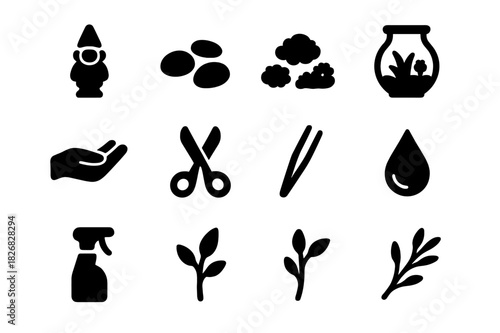 Decorative Elements Icons. Decorative elements. Solid icon set of Decorative elements: miniature figurine, pebbles, stones, moss, small plants, glass