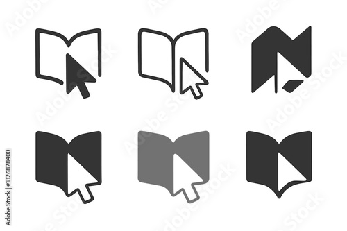 Digital Learning Logos. Virtual classrooms and online education. Icon set. Set Logo of online education: mouse pointer and open book. harmonious logo