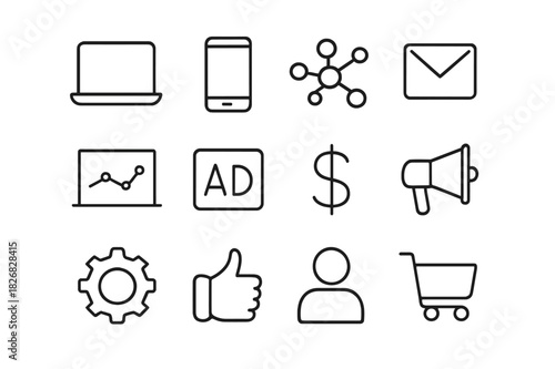 Digital Marketing Icons. Digital marketing. Line icon set of digital marketing: laptop, smartphone, social media icon, email, analytics chart, ad banner,