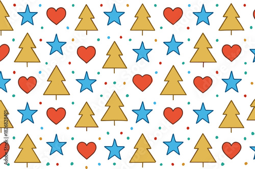 Colorful pattern featuring Christmas trees, stars, and hearts on a white background