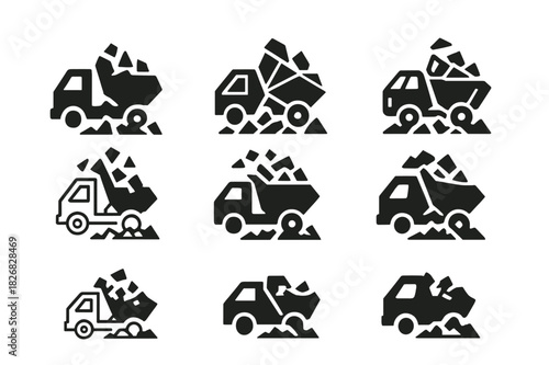 Disaster Recovery Icons. Assisting at disaster recovery sites and debris removal. Icon set. Set Logo of assisting at disaster recovery sites and debris