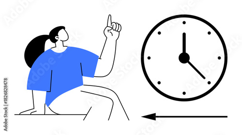 Time concept. A minimal design showing a person pointing to time awareness alongside a clock. Time management, scheduling, and time-sensitive tasks. For productivity, deadlines, planning, scheduling