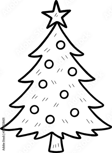 Simple outline of a Christmas tree with decorations for holiday coloring or drawing activity