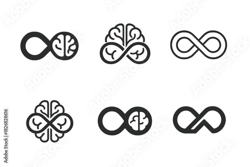 Neurodiversity Logo Set. Neurodiversity-friendly workspaces. Icon set. Set Logo of neurodiversity-friendly workspaces: infinity symbol merging with brain