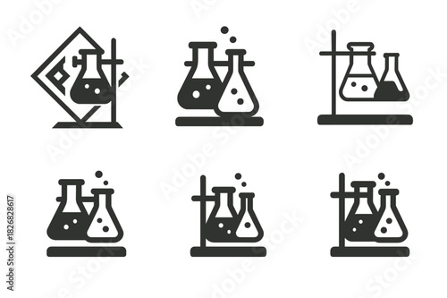 Science Logo Variations. Science experiment setup. Icon set. Set Logo of science experiment setup: experiment workstation. harmonious logo variations of the