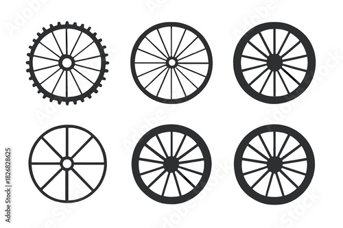 Bicycle Wheel Logos. Bicycle wheel. Icon set. Set Logo of bicycle wheel: chainring circle. harmonious logo variations of the same emblematic concept, each with