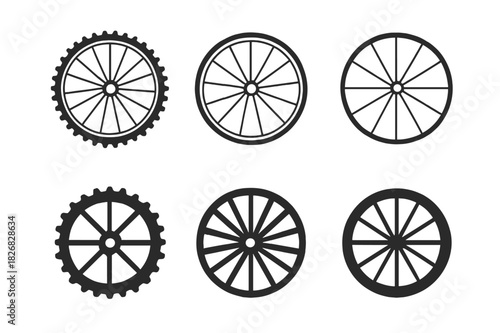 Bicycle Wheel Logos. Bicycle wheel. Icon set. Set Logo of bicycle wheel: chainring circle. harmonious logo variations of the same emblematic concept, each with