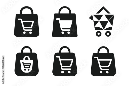 E-commerce Logo Variations. Online shopping cart UI. Icon set. Set Logo of e-commerce: shopping bag and cart icon. harmonious logo variations of the same