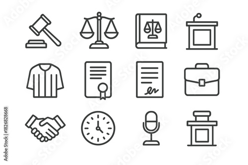 Judicial Icon Set. Judicial icons. Line icon set of Judicial icons: gavel, balance scales, law book, courtroom podium, judge robe, legal document, contract,