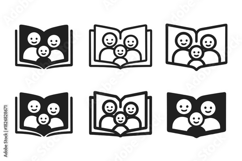 Family Memory Logos. Building family memories. Icon set. Set Logo of Building family memories: open photo album with smiling family faces. harmonious logo