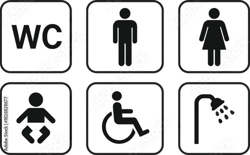 Bathroom signs showing accessibility options for people with different needs at a public facility