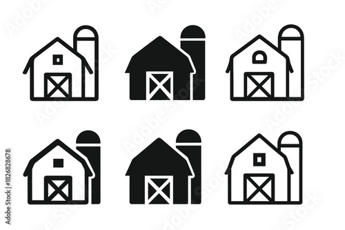 Barn Silo Logos. barn and silo. Icon set. Set Logo of barn and silo: barn roof and silo top detail. harmonious logo variations of the same emblematic concept,