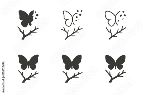 Biodiversity Loss Icons. Biodiversity loss. Icon set. Set Logo of biodiversity loss: vanishing butterfly over dry branch. harmonious logo variations of the