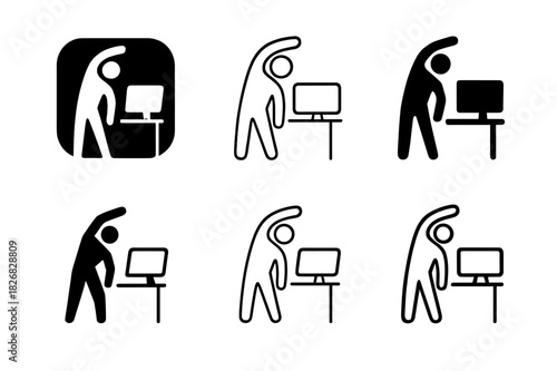 Stretching Logo Set. Taking a break from work to stretch. Icon set. Set Logo of Taking a break from work to stretch: person standing and stretching near