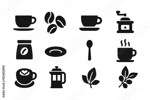 Coffee Icons Collection. Coffee shop. Solid icon set of Coffee shop: coffee cup, coffee beans, espresso shot, coffee grinder, coffee bag, saucer, spoon,