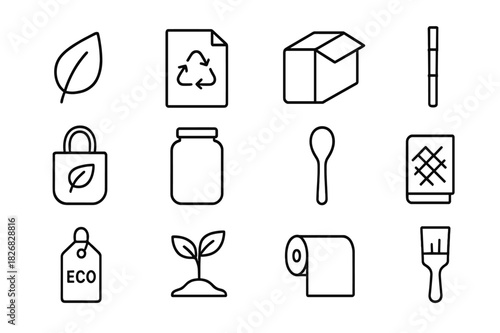 Eco Material Icons. Inspirational design with ecology materials trend. Line icon set of inspirational design with ecology materials trend: leaf, recycled