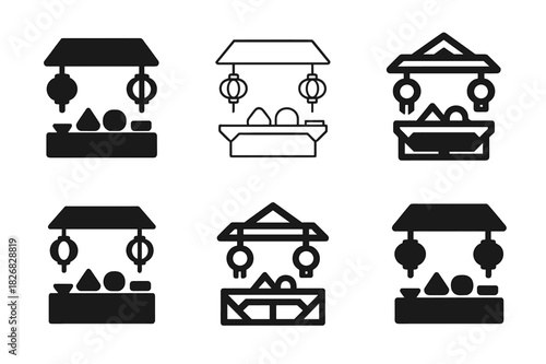 International Street Food Logos. International street food and snacks. Icon set. Set Logo of International street food and snacks: street stall with hanging