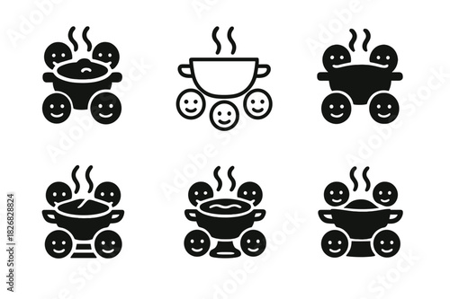 Hot Pot Harmony. Preparing a hot pot or fondue for a social meal with friends. Icon set. Set Logo of Preparing a hot pot or fondue for a social meal with