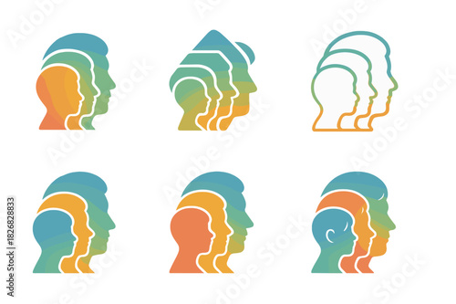 Age-Inclusive Logo Variations. Age-Inclusive Marketing. Icon set. Set Logo of Age-Inclusive Marketing: layered profiles representing different generations.
