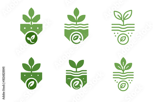 Soil Health Logos. Sustainable use of agricultural land and soil health. Icon set. Set Logo of sustainable use of agricultural land and soil health: compost
