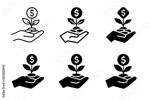 Entrepreneurial Icon Set. Entrepreneurial spirit. Icon set. Set Logo of entrepreneurial spirit: hand nurturing seedling with coins. harmonious logo variations