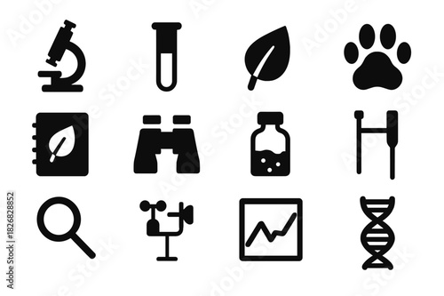 Ecological Research Icons. Ecological research. Solid icon set of ecological research: microscope, test tube, plant leaf, animal paw, field notebook,