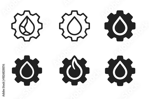 Efficient Mining Logos. Efficient energy use in mining industries. Icon set. Set Logo of efficient energy use in mining industries: cogwheel and energy droplet