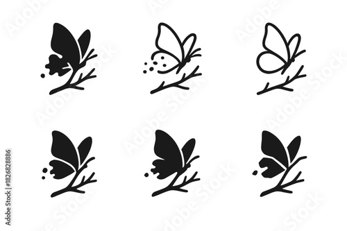 Biodiversity Loss Icons. Biodiversity loss. Icon set. Set Logo of biodiversity loss: vanishing butterfly over dry branch. harmonious logo variations of the