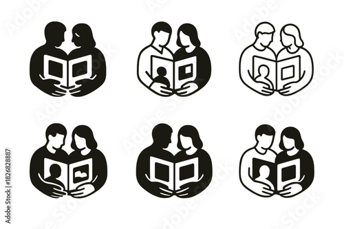 Couple's Quiet Reflections. a couple enjoying a quiet evening together, reflecting on family memories. Icon set. Set Logo of a couple enjoying a quiet evening