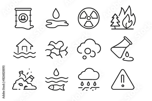 Environmental Hazard Icons. Environmental hazards. Line icon set of environmental hazards: toxic waste barrel, oil spill, radiation symbol, wildfire, flood