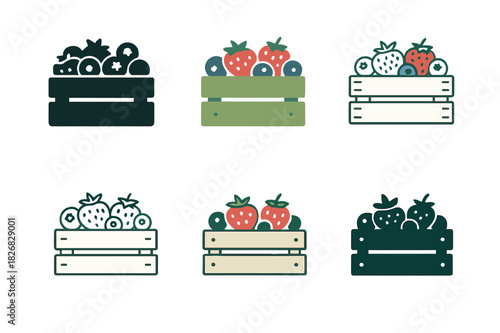 June Market Logos. June farmer?s market. Icon set. Set Logo of June farmer?s market: seasonal berries crate. harmonious logo variations of the same emblematic
