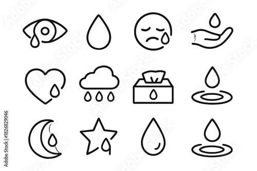 Tear Icons Collection. Tears. Line icon set of tears: eye, droplet, face, hand, heart, rain, cloud, tissue, water ripple, moon, star, reflection. All outline