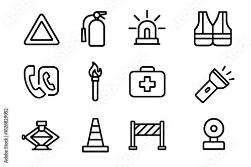 Emergency Icon Set. Emergency equipment. Line icon set of emergency equipment: triangle icon, fire extinguisher, warning light, safety vest, emergency phone,