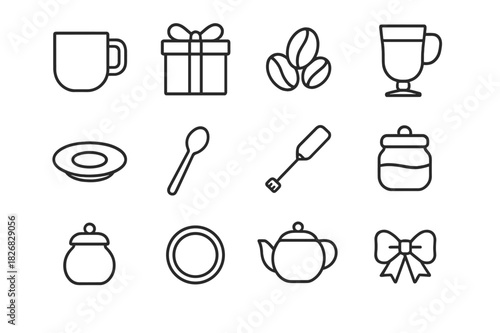 Coffee Gift Icons. Coffee gift set. Line icon set of Coffee gift set: coffee mug, gift box, coffee beans, latte glass, saucer, spoon, frother, milk jug, sugar