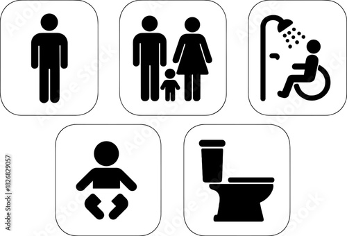 Various restroom signs indicate facilities for different users in a public space, including family, individuals, and accessible options