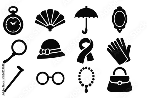 Elegant Vintage Icons. Elegant Vintage Accessories. Solid icon set of pocket watch, fan, parasol, brooch, monocle, hat, scarf, gloves, walking stick,