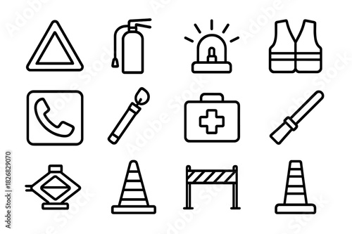 Emergency Icon Set. Emergency equipment. Line icon set of emergency equipment: triangle icon, fire extinguisher, warning light, safety vest, emergency phone,