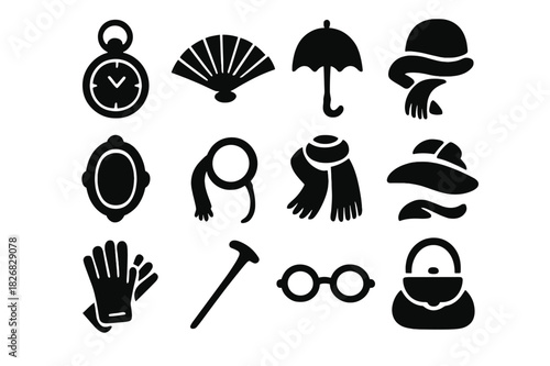 Elegant Vintage Icons. Elegant Vintage Accessories. Solid icon set of pocket watch, fan, parasol, brooch, monocle, hat, scarf, gloves, walking stick,