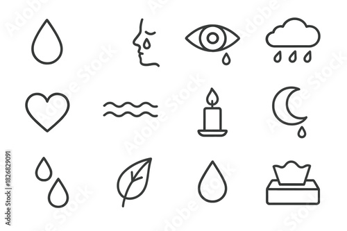 Emotional Icon Set. Emotional release. Line icon set of emotional release: teardrop, face profile, eye, rain cloud, heart, wave, candle, moon, reflection,