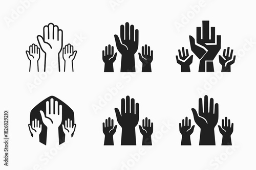 Youth Activism Logos. Youth activism and leadership. Icon set. Set Logo of Youth activism and leadership: raised hands symbolizing unity and action. harmonious