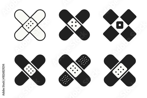 Plaster Patch Logos. Plaster patch. Icon set. Set Logo of Plaster patch: crossed adhesive bandages symbolizing healing. harmonious logo variations of the same