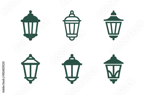 Home Design Icon Set. Home exterior design and curb appeal. Icon set. Set Logo of home exterior design and curb appeal: outdoor lighting fixture. harmonious