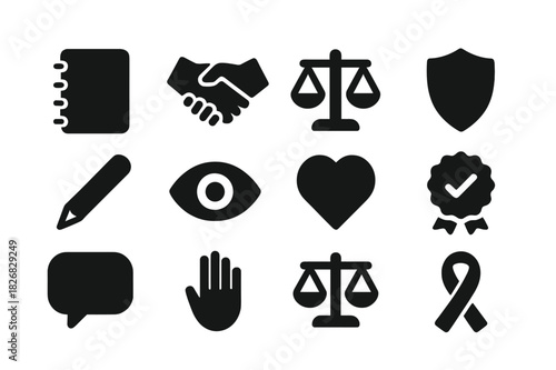 Ethical Reporting Icons. Ethical Reporting. Solid icon set of Ethical Reporting: notebook, handshake, scale, shield, pen, eye, heart, verified badge, voice
