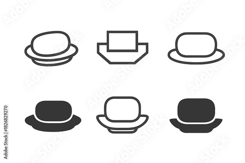 Soap Logo Variations. Hand soap bar. Icon set. Set Logo of hand soap bar: soap bar resting on dish. harmonious logo variations of the same emblematic concept,