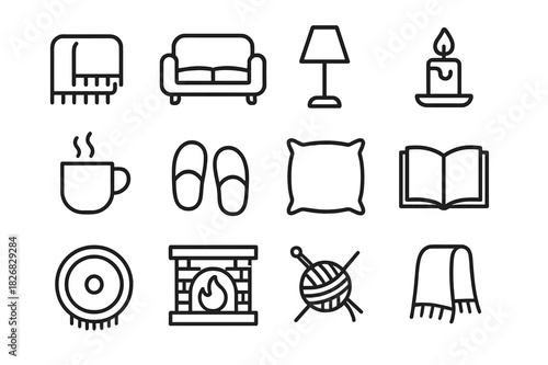Evening Relaxation Icons. Evening Relaxation. Line icon set of Evening Relaxation: blanket, sofa, lamp, candle, hot drink, slippers, pillow, book, rug,