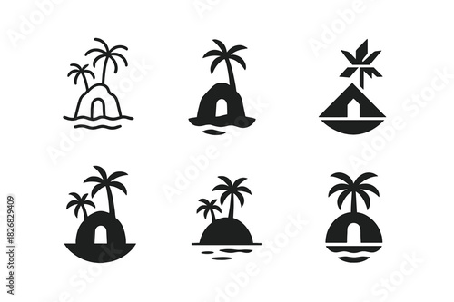 Hidden Travel Icons. Hidden travel gems. Icon set. Set Logo of hidden travel gems: secret island with palm trees. harmonious logo variations of the same