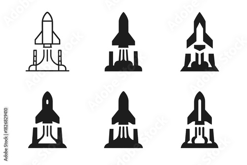 Futuristic Rocket Icons. The launch of a spacecraft from a futuristic launch pad. Icon set. Set Logo of the launch of a spacecraft from a futuristic launch