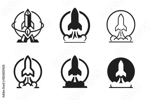 Futuristic Spacecraft Emblems. The launch of a spacecraft from a futuristic launch pad. Icon set. Set Logo of the launch of a spacecraft from a futuristic